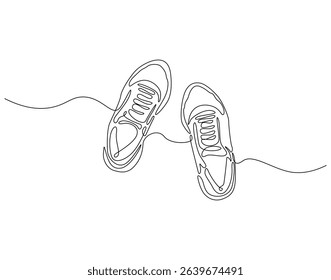 Continuous one line drawing of sport shoes. One line drawing illustration of sneakers fitness shoes. Sport, fashion concept single line. Editable outline
