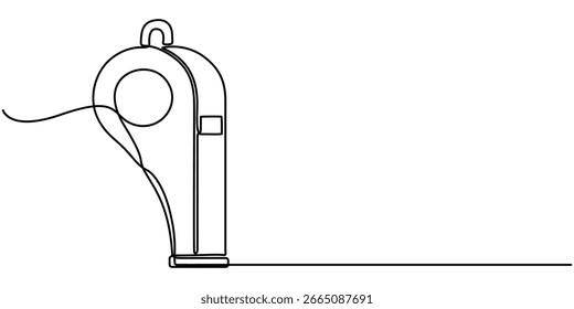  Kontinuierliche einzeilige Zeichnung von Sportpfeife Symbol, Silhouette auf weißem Hintergrund, Linear stilisiert, Sportpfeife einzeilige Kunst. Kontinuierliche Linienzeichnung von Sport, Trainer, Schiedsrichter, Aktivität, Vektor.