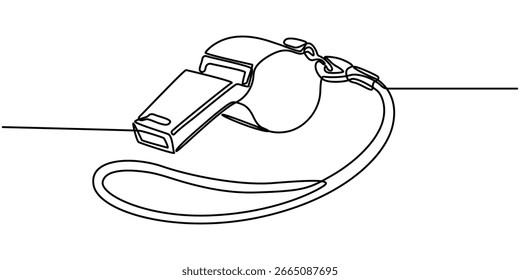  Continuous one line drawing of sport whistle icon, silhouette on a white background, Linear stylized, Sports whistle one line art. Continuous line drawing of sport, coach, referee, activity, vector.