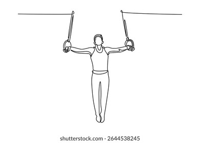 Uma linha contínua desenhando ginasta masculina esportiva treinamento no ginásio, flexível e ativo. Atleta masculino em roupas esportivas praticando equilíbrio nos anéis. Ilustração gráfica vetorial de design de desenho de linha única