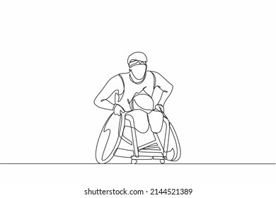 Continuous one line drawing  sportsman play rugby on wheelchair sport competition. Disabled rugby player in wheelchair. Athlete with physical disorder. Single line draw design vector graphic