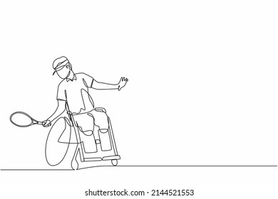 Continuous one line drawing sportsman with wheelchair playing tennis. Concept of society, community of persons with disabilities. Hobbies, interests. Single line design vector graphic illustration