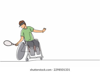 Continuous one line drawing sportsman with wheelchair playing tennis. Concept of society, community of persons with disabilities. Hobbies, interests. Single line design vector graphic illustration