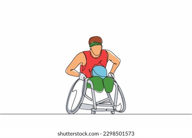 Continuous one line drawing  sportsman play rugby on wheelchair sport competition. Disabled rugby player in wheelchair. Athlete with physical disorder. Single line draw design vector graphic