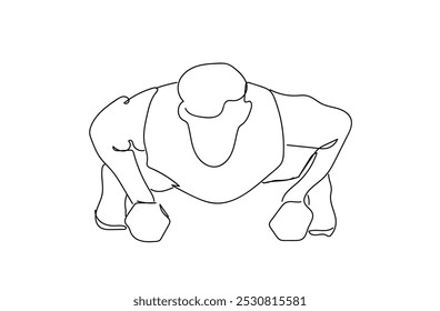  Desenho contínuo de uma linha 
 esportista fazendo press ups com halteres no ginásio. Exercício de aptidão que os homens fazem fila. Saúde e ativo para o bem-estar e formação. Vetor feito à mão não AI.