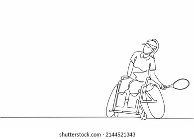 Continuous one line drawing sportswoman with wheelchair playing tennis. Concept of society, community of persons with disabilities. Hobbies, interests. Single line design vector graphic illustration