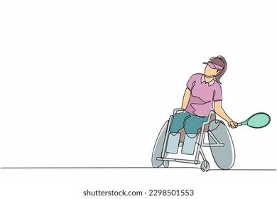 Continuous one line drawing sportswoman with wheelchair playing tennis. Concept of society, community of persons with disabilities. Hobbies, interests. Single line design vector graphic illustration