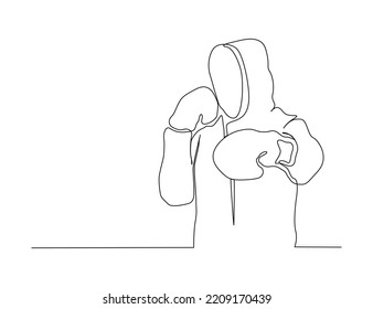 Continuous One Line Drawing Of Sporty Boxer Man Punching Using Boxing Gloves. Boxer Or Fighter Make A Beat Punch Line Art Drawing Vector Illustration. 