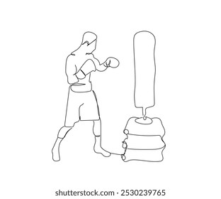 Desenho contínuo de uma linha de boxeador esportivo homem de boxe saco de perfuração. Boxer trem usando boxe saco arte desenho vetor ilustração. Vetor feito à mão não AI.