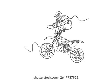 Motociclista esportivo de uma linha contínua realizando truques no evento de motocross freestyle. Demonstrando equilíbrio notável e experiência ousada. Ilustração gráfica vetorial de design de desenho de linha única