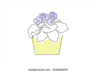 Continuous one line drawing. Spring and bouquet on vase. 