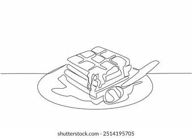 Uma linha contínua desenhando um prato de waffle quadrado drizzled com mel. Comida apetitosa. Delicioso. Doce. Crocante. Saboia. Saboroso. Dia Internacional do Waffle. Ilustração de vetor de design de desenho de linha única