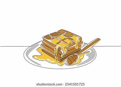 Continuo una línea dibujando un plato de waffle cuadrado rociado con miel. Comida apetitosa. Delicioso. Dulce. Crujiente. Salado. Sabroso. Día Internacional del Gofre. Ilustración vectorial de diseño de dibujo de línea única