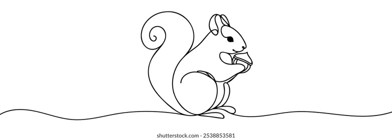 Continuous one line drawing squirrel sits eating nuts. Animals concept single line draw design graphic vector illustration