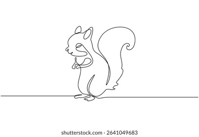 Continuous one line drawing of a squirrel. Simple vector illustration, Squirrel eating continuous line art isolated on a white background.