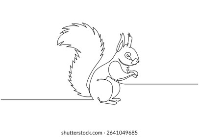 Continuous one line drawing of a squirrel. Simple vector illustration, Squirrel eating continuous line art isolated on a white background.