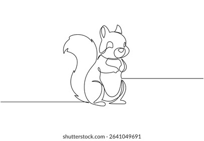 Continuous one line drawing of a squirrel. Simple vector illustration, Squirrel eating continuous line art isolated on a white background.