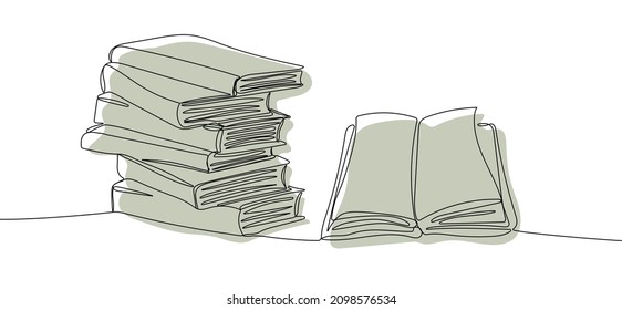 Continuous one line drawing of stack of books with open book. Education  and  back to school concept. Vector illustration