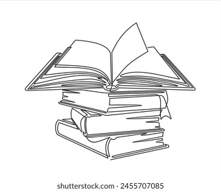 Continuous one line drawing of stack of books and open book. Single line of notebooks for background. Education, business, back to school hand drawn sketch design. Editable stroke