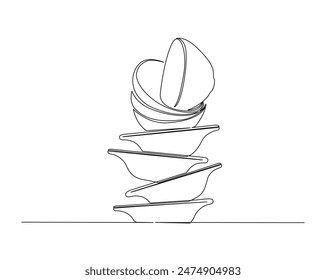 Continuous one line drawing of stack bowls. Piles of bowls in monoline vector illustration. Editable stroke.