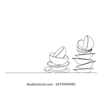 Continuous one line drawing of stack bowls. Piles of bowls in monoline vector illustration. Editable stroke.