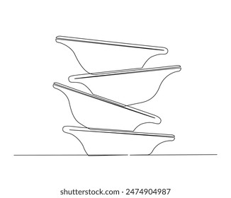 Continuous one line drawing of stack bowls. Piles of bowls in monoline vector illustration. Editable stroke.