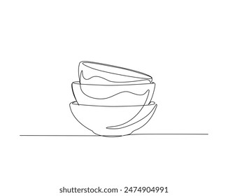 Continuous one line drawing of stack bowls. Piles of bowls in monoline vector illustration. Editable stroke.