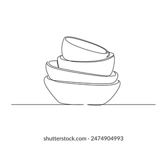 Continuous one line drawing of stack bowls. Piles of bowls in monoline vector illustration. Editable stroke.