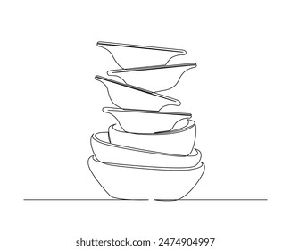 Continuous one line drawing of stack bowls. Piles of bowls in monoline vector illustration. Editable stroke.