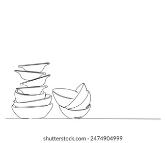 Continuous one line drawing of stack bowls. Piles of bowls in monoline vector illustration. Editable stroke.