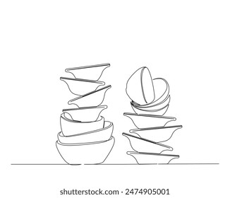 Continuous one line drawing of stack bowls. Piles of bowls in monoline vector illustration. Editable stroke.