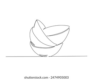 Continuous one line drawing of stack bowls. Piles of bowls in monoline vector illustration. Editable stroke.