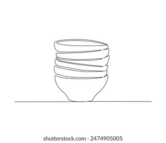 Continuous one line drawing of stack bowls. Piles of bowls in monoline vector illustration. Editable stroke.