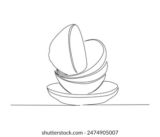 Continuous one line drawing of stack bowls. Piles of bowls in monoline vector illustration. Editable stroke.