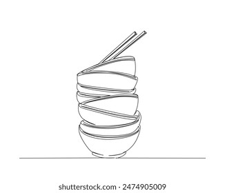 Continuous one line drawing of stack bowls. Piles of bowls in monoline vector illustration. Editable stroke.