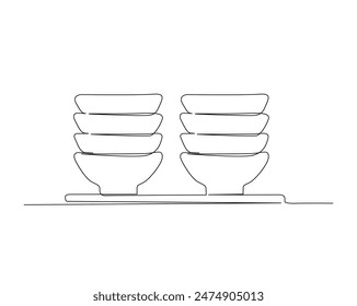 Continuous one line drawing of stack bowls. Piles of bowls in monoline vector illustration. Editable stroke.