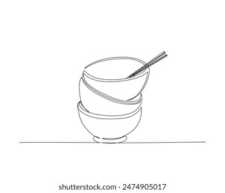 Continuous one line drawing of stack bowls. Piles of bowls in monoline vector illustration. Editable stroke.