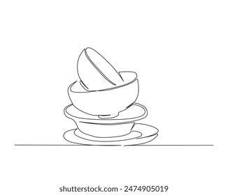 Continuous one line drawing of stack bowls. Piles of bowls in monoline vector illustration. Editable stroke.