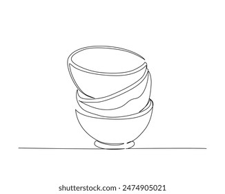 Continuous one line drawing of stack bowls. Piles of bowls in monoline vector illustration. Editable stroke.