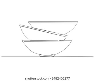 Continuous one line drawing of stack of bowls. One line drawing illustration of piles of bowls. kitchen set concept line art. Editable outline.
