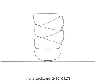 Continuous one line drawing of stack of bowls. One line drawing illustration of piles of bowls. kitchen set concept line art. Editable outline.
