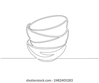 Continuous one line drawing of stack of bowls. One line drawing illustration of piles of bowls. kitchen set concept line art. Editable outline.
