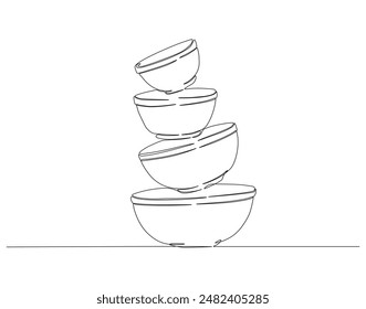 Continuous one line drawing of stack of bowls. One line drawing illustration of piles of bowls. kitchen set concept line art. Editable outline.
