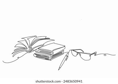 Kontinuierliche einzeilige Zeichnung Stapel von Büchern, Stift und Brille Doodle-Vektorillustration isoliert auf weißem Hintergrund