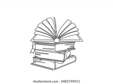 Continuous one line drawing of stack of books and open book. Single line of notebooks for background. Education, business, back to school hand drawn sketch design. Editable stroke