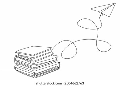 Continuous one line drawing a stack of books with a paper airplane flying above. Increase the knowledge by reading a lot. International Day of Mathematics. Single line draw design vector illustration