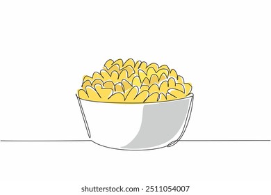 Bolinhos de queijo de uma linha de desenho empilhado em uma tigela pequena. Um lanche crocante. Contém muito sódio. Não é bom para crianças pequenas. Dia Nacional do Queijo. Ilustração de vetor de design de desenho de linha única