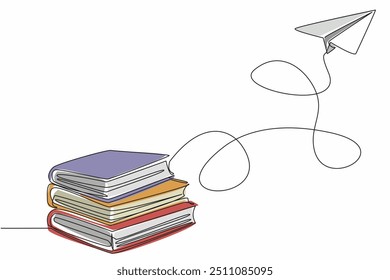 Continuous one line drawing a stack of books with a paper airplane flying above. Increase the knowledge by reading a lot. International Day of Mathematics. Single line draw design vector illustration