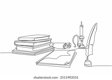 Continuous one line drawing of stack of books, sheets of paper, rolls of paper in one frame. Classical era writing instrument. Quill. World Poetry Day. Single line draw design vector illustration