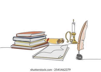 Continuous one line drawing of stack of books, sheets of paper, rolls of paper in one frame. Classical era writing instrument. Quill. World Poetry Day. Single line draw design vector illustration